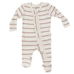 The Angel Dear Modal Rib French Stripe Misty Rose 2-Way Ruffle Zipper Footie is a pink and white striped baby onesie made from bamboo fiber, featuring ruffle details and a diagonal zipper on the front.