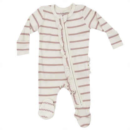 Introducing the Angel Dear Modal Rib French Stripe Misty Rose 2-Way Ruffle Zipper Footie, a delightful striped baby onesie designed with ruffled trim and crafted from gentle bamboo fiber fabric. It features convenient fold-over cuffs and a diagonal zipper extending from neck to ankle for easy dressing.