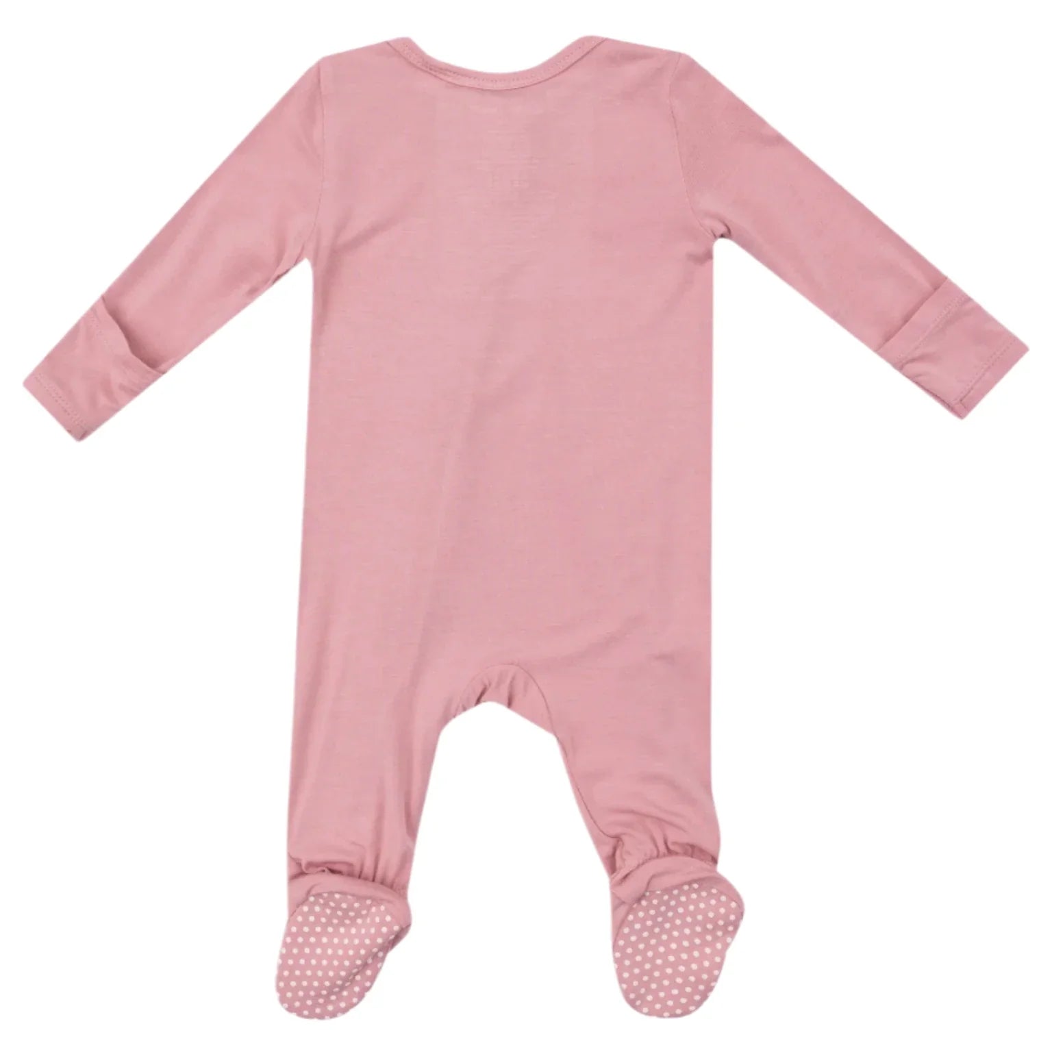 Introducing the Angel Dear Bamboo Bridal Rose 2 Way Zipper Footie: a soft pink infant onesie made from luxurious bamboo fiber fabric. It boasts long sleeves, covered feet, and features a practical two-way zipper footie design. The soles are adorned with polka dot grips for added safety, while fold-over cuffs ensure tiny hands remain warm and snug.