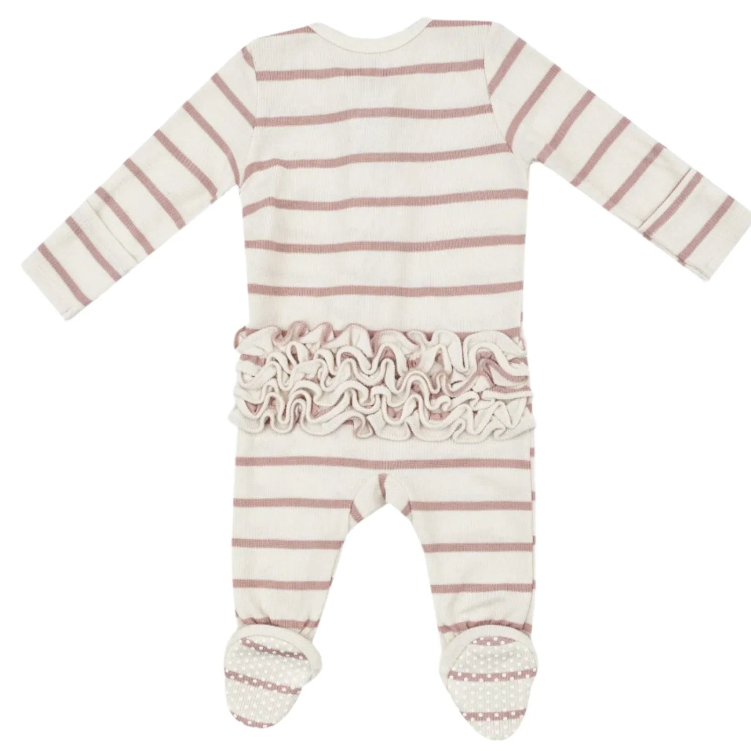 The Angel Dear Modal Rib French Stripe Misty Rose 2-Way Ruffle Zipper Footie features charming pink and white stripes with back ruffles and enclosed footies, crafted from soft bamboo fabric for comfort and style.