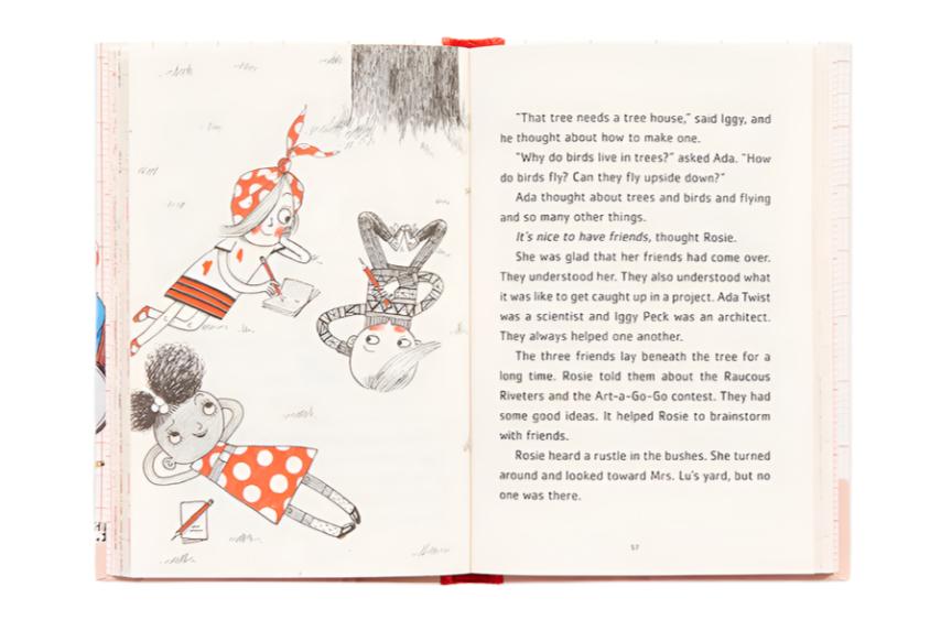 An open children's book showcases an illustrated scene of three kids lying on the grass, accompanied by text about "Rosie Revere & the Raucous Riveters - Book One" from Abrams, featuring Rosie Revere's STEM adventures.