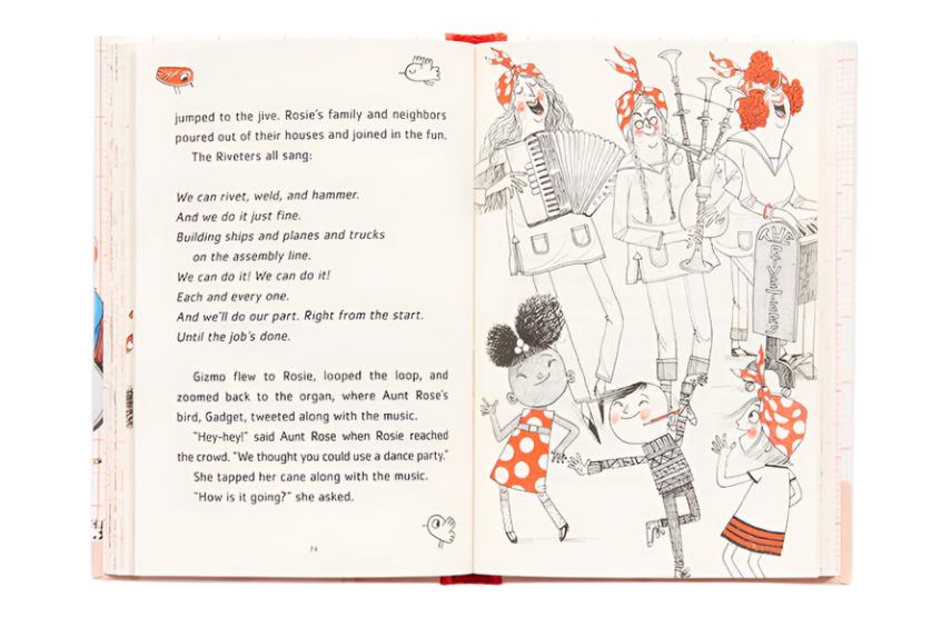 An open book from Abrams, titled "Rosie Revere & the Raucous Riveters - Book One," features an illustration of people singing and playing musical instruments, with the left page text describing a vibrant scene involving Rosie Revere and her lively neighbors.