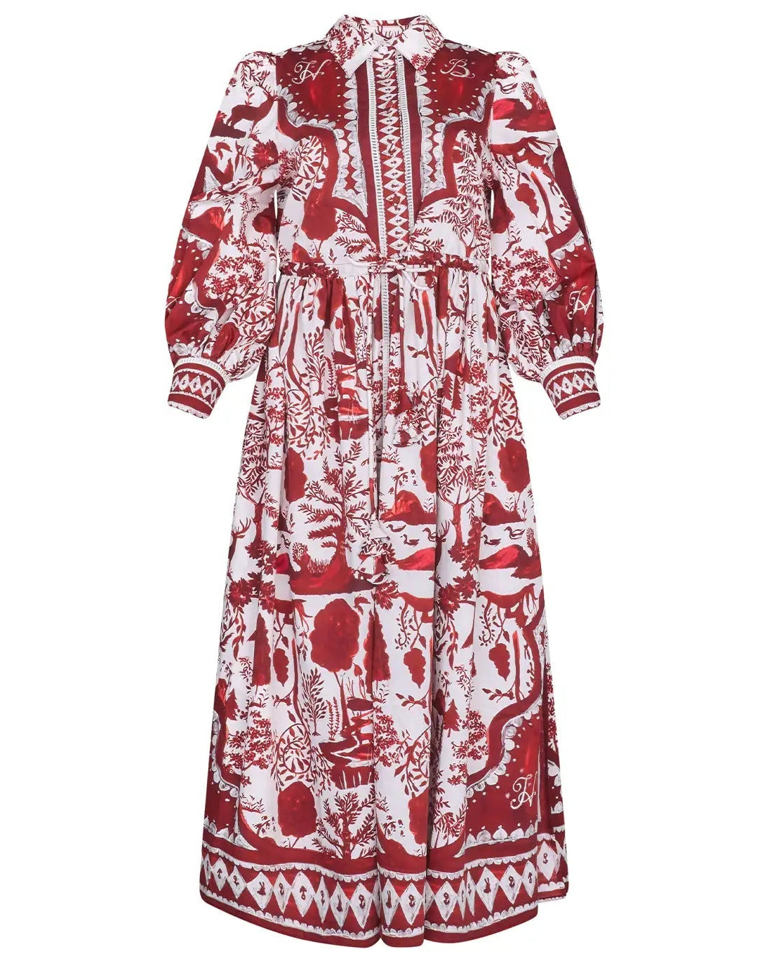 The Rosie Dress by Hunter Bell NYC is a long-sleeve, ankle-length dress in a red and white Central Park Toile print, featuring a high collar and button-down front—ideal for the holiday season.