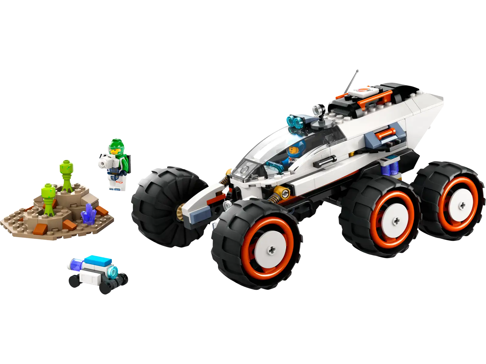 The LEGO® City Space Explorer Rover and Alien Life set from Legos - Toyhouse features a six-wheeled rover, green alien minifigures, a smaller robot, rocky terrain pieces with accessories, and energy crystals for endless adventures.