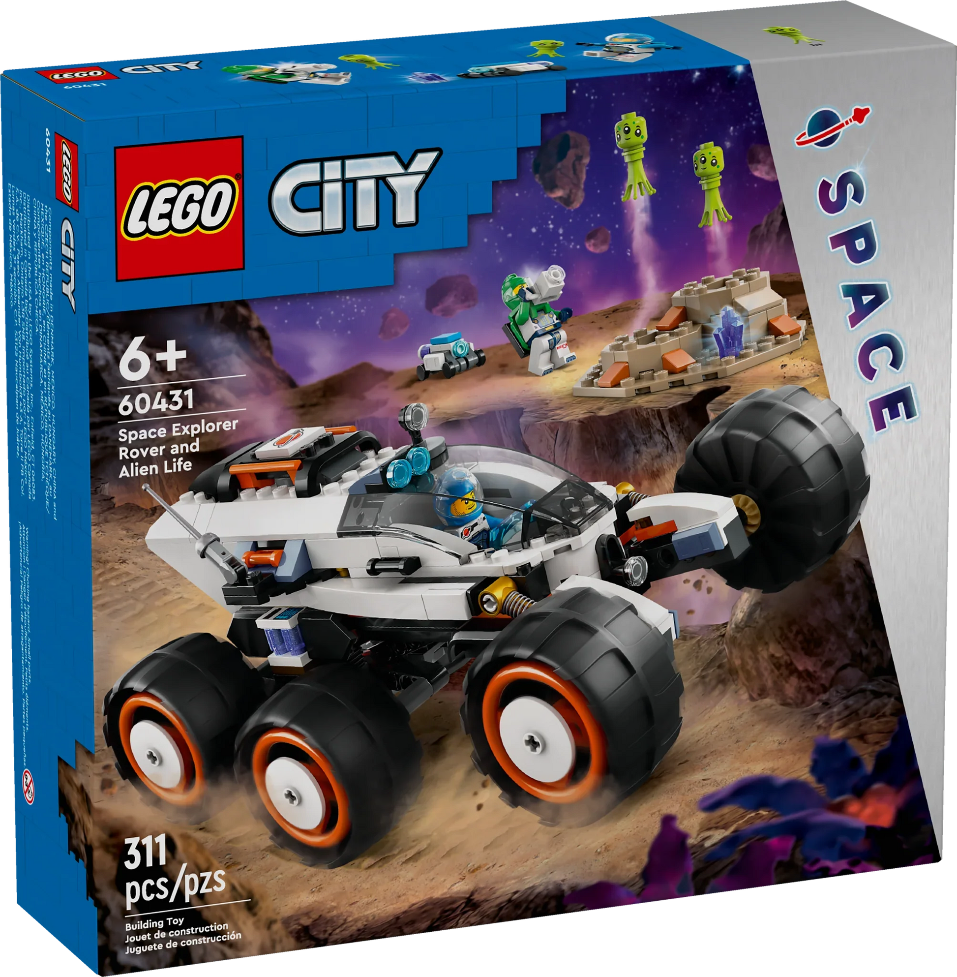 The LEGO® City Space Explorer Rover and Alien Life set (60431) by Legos - Toyhouse features a City Space Explorer Rover navigating rocky terrains, complete with alien life forms and energy crystals. Recommended for ages 6+ and containing 311 pieces, the box illustration showcases a rover, astronaut, and alien on an extraterrestrial landscape.