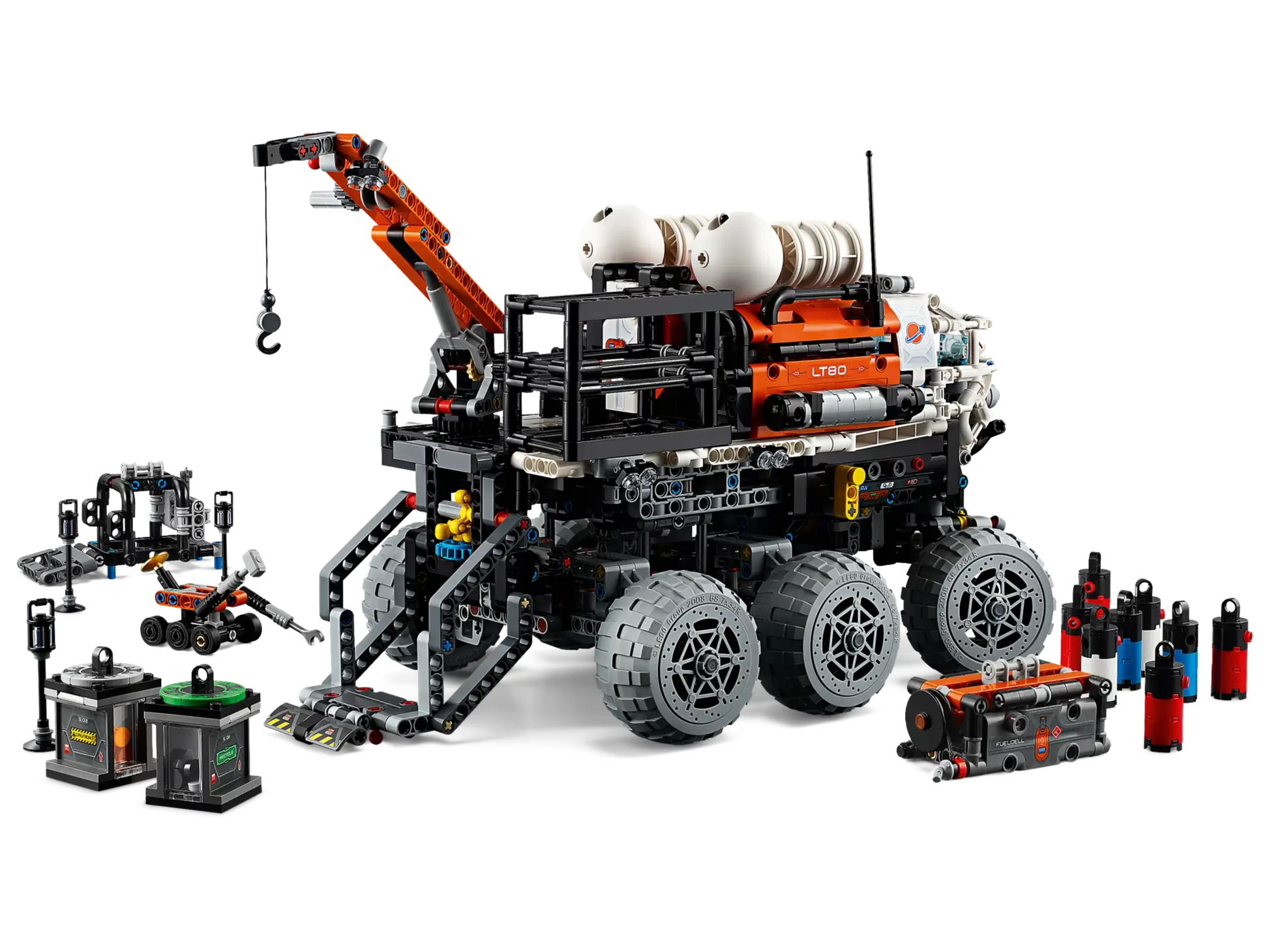 Introducing the LEGO® Technic Mars Crew Exploration Rover from Legos - Toyhouse, a meticulously crafted model showcasing a six-wheeled design complete with a crane arm, control station, and an array of accessory components to navigate Martian landscapes.