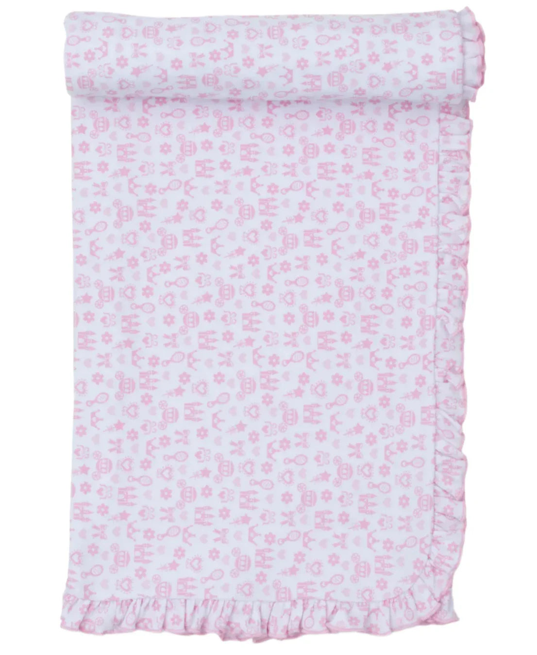 The Kissy Kissy Royal Details Blanket is a soft Pima cotton baby blanket in pink and white, featuring ruffled edges and charming designs of crowns, shoes, and flowers to add a touch of royalty for your little one.