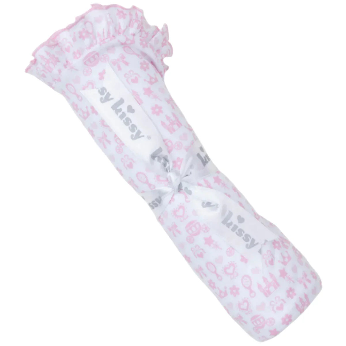 The Kissy Kissy Royal Details Blanket, in a rolled-up pink and white pattern, is crafted from soft Pima cotton and elegantly tied with a ribbon.