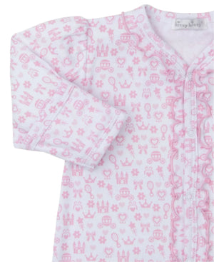 Close-up of the Kissy Kissy Royal Details Pink Footie, crafted from soft Pima cotton and embellished with crowns, carriages, and castle designs. This adorable footie features ruffles along the buttoned front, making it ideal for delicate baby wear needs.