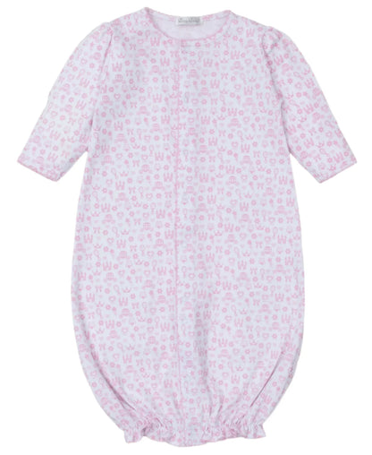 The Kissy Kissy Royal Details Pink Convertible Gown is an adorable long-sleeve gown crafted from soft Pima cotton, featuring a charming pink animal pattern on a crisp white background.