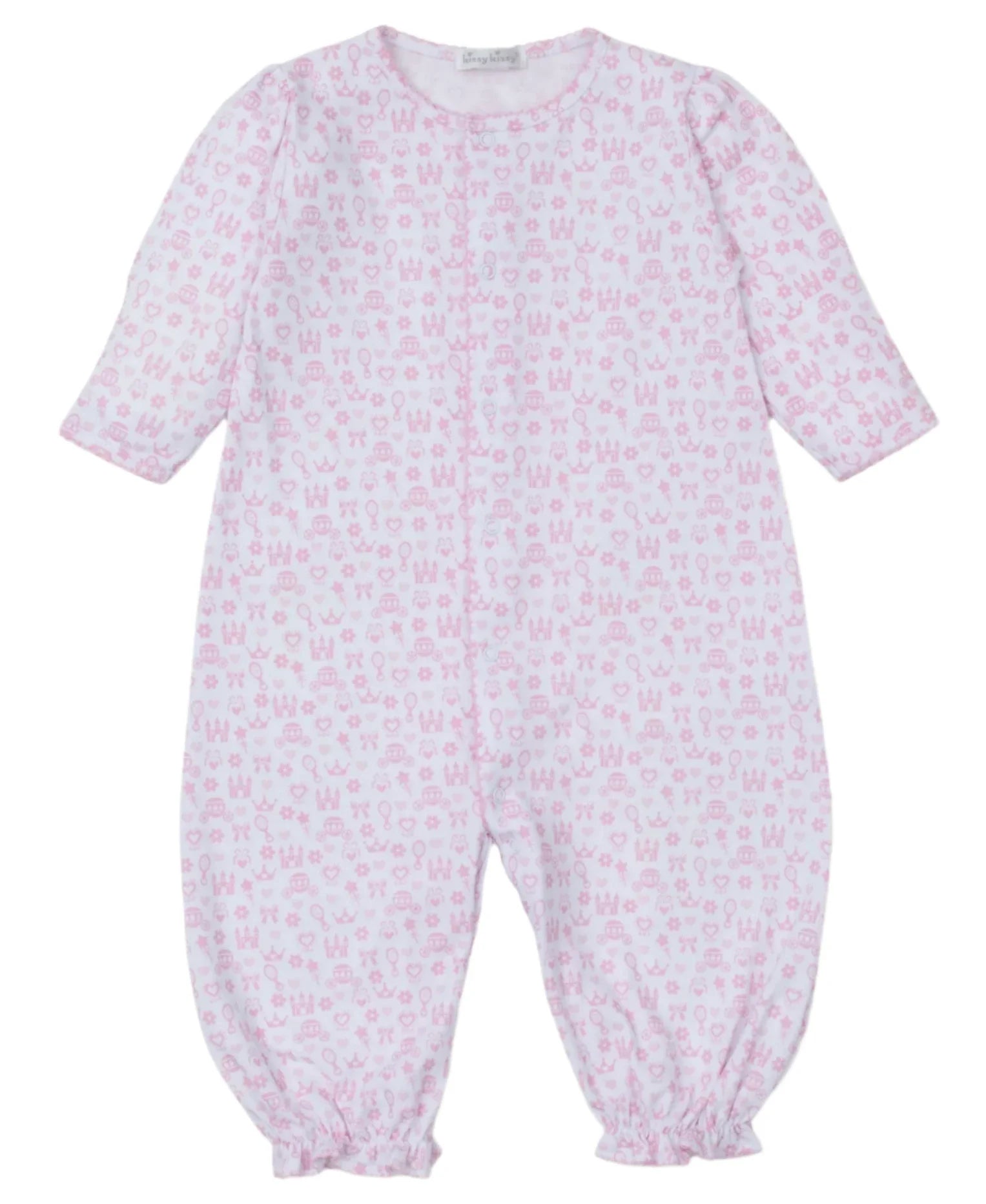 The Kissy Kissy Royal Details Pink Convertible Gown is a cozy onesie crafted from soft Pima cotton, featuring long sleeves and adorned with an adorable pattern of small animals and shapes.