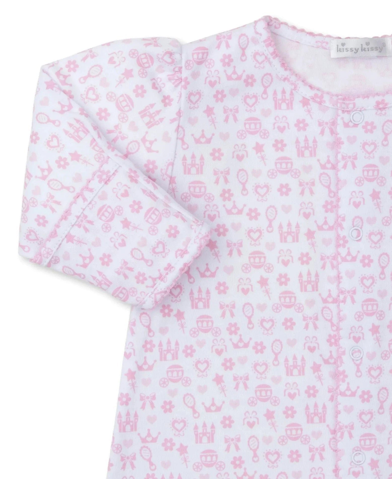 The Kissy Kissy Royal Details Pink Convertible Gown by Kissy Kissy is a soft long-sleeve playsuit for babies, crafted from Pima cotton and decorated with a delightful pattern featuring crowns, castles, flowers, and bows.