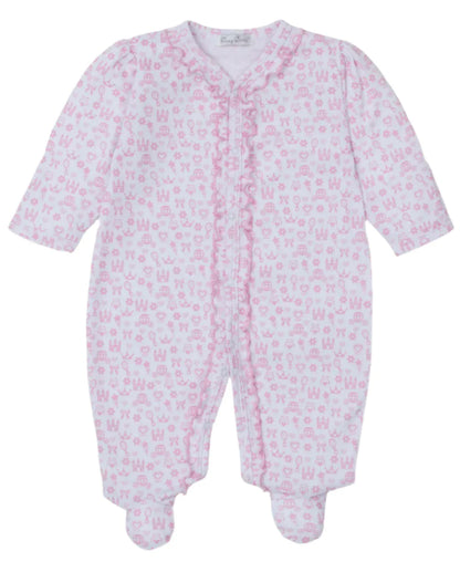 The Kissy Kissy Royal Details Pink Footie, designed by Kissy Kissy, is a baby onesie made from soft Pima cotton. It features small animal and heart patterns and combines long sleeves with footed legs to keep your little one snug in style.