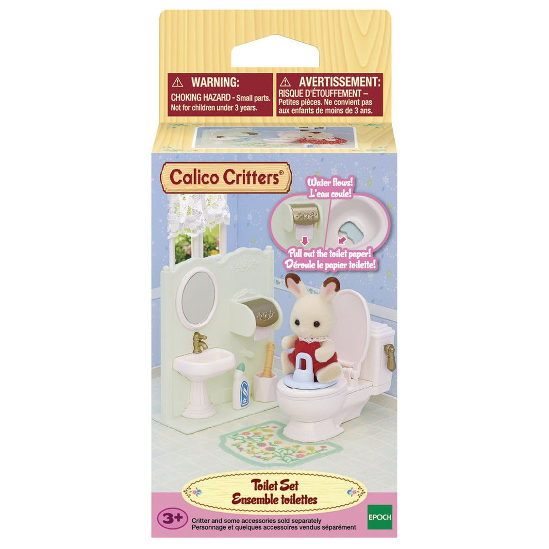 Box for Calico Critters Toilet Seat, featuring a toy animal figure on a toilet in a miniature bathroom setting with accessories, ideal for encouraging toilet training and recommended for ages 3 and up.