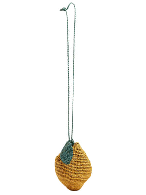 The Eleni Raffia Bag with Lemon Detail by Bonpoint is a playful, lemon-shaped yellow bag with a green leaf accent and long green strap—perfect as a chic crossbody bucket bag for girls.