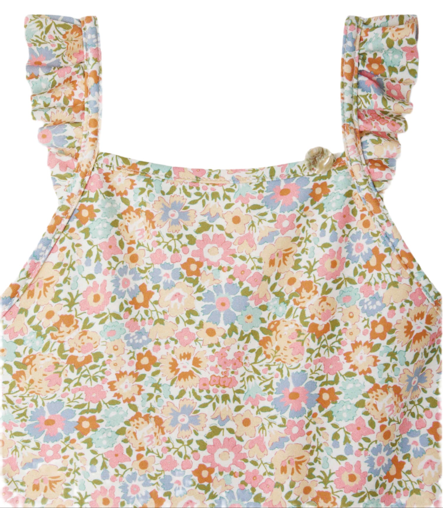 The Bonpoint Baby Girls' and Girls' Cecilia Ruffled Swimsuit features Liberty fabric with pastel pink, blue, yellow, and green floral prints on white and charming ruffled shoulder straps.