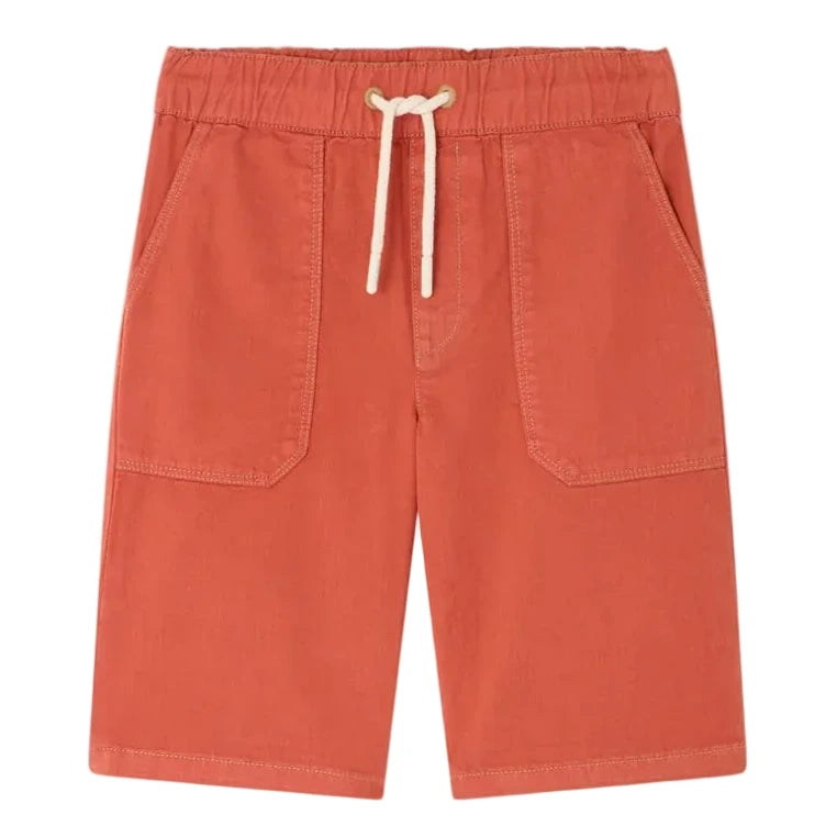 Bonpoint Boys' Syl Bermuda Short in rust, made from organic cotton, features an elastic waistband with white drawstring and two front patch pockets.