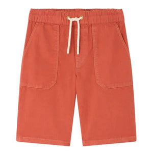 Bonpoint Boys' Syl Bermuda Short in rust, made from organic cotton, features an elastic waistband with white drawstring and two front patch pockets.
