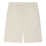 Bonpoint Boys' Elois Short in beige, knee-length and made from organic cotton, features front pockets, button closure, and belt loops. Displayed on a white background.