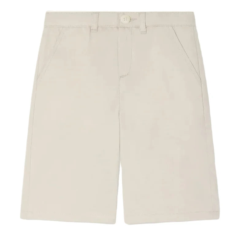 Bonpoint Boys' Elois Short in beige, knee-length and made from organic cotton, features front pockets, button closure, and belt loops. Displayed on a white background.
