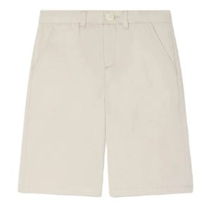 Bonpoint Boys' Elois Short in beige, knee-length and made from organic cotton, features front pockets, button closure, and belt loops. Displayed on a white background.