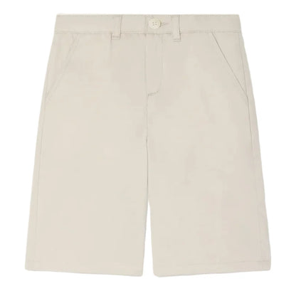 Bonpoint Boys' Elois Short in beige, knee-length and made from organic cotton, features front pockets, button closure, and belt loops. Displayed on a white background.