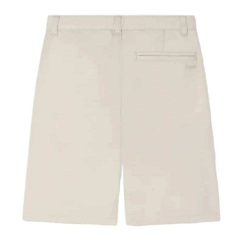The Boys' Elois Short by Bonpoint is a beige, knee-length style for boys, made from organic cotton with belt loops and a right-side back pocket, shown from the back.