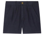 Bonpoint Boys' Charles Chino Bermuda Shorts with Pleats in navy blue, made from soft organic cotton, feature side pockets, belt loops, front pleats, and a button waist closure.