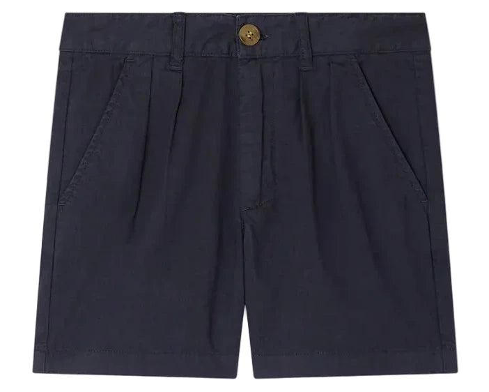 Bonpoint Boys' Charles Chino Bermuda Shorts with Pleats in navy blue, made from soft organic cotton, feature side pockets, belt loops, front pleats, and a button waist closure.