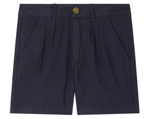 Bonpoint Boys' Charles Chino Bermuda Shorts with Pleats in navy blue, made from soft organic cotton, feature side pockets, belt loops, front pleats, and a button waist closure.
