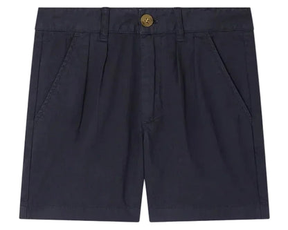 Bonpoint Boys' Charles Chino Bermuda Shorts with Pleats in navy blue, made from soft organic cotton, feature side pockets, belt loops, front pleats, and a button waist closure.