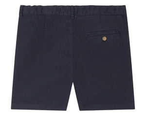 Bonpoint Boys' Charles Chino Bermuda Shorts with Pleats in navy blue, crafted from soft organic cotton, feature an elastic waistband and a single back pocket with button closure.