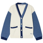 The Boys' Loris V-neck Cardigan by Bonpoint features a cream body, blue sleeves and trim, blue pocket accents, and four front buttons.