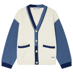 The Boys' Loris V-neck Cardigan by Bonpoint features a cream body, blue sleeves and trim, blue pocket accents, and four front buttons.