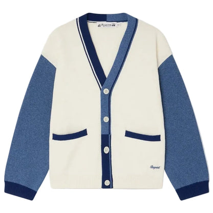 The Boys' Loris V-neck Cardigan by Bonpoint features a cream body, blue sleeves and trim, blue pocket accents, and four front buttons.