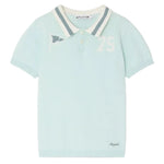 Bonpoint Boys' Loyal Polo Inlaid Flag 75: light blue polo with white and grey striped collar, number 75, small flag graphic, and embroidered "Rogues" near the hem.