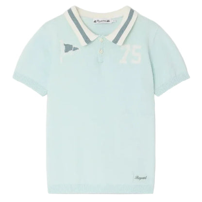 Bonpoint Boys' Loyal Polo Inlaid Flag 75: light blue polo with white and grey striped collar, number 75, small flag graphic, and embroidered "Rogues" near the hem.