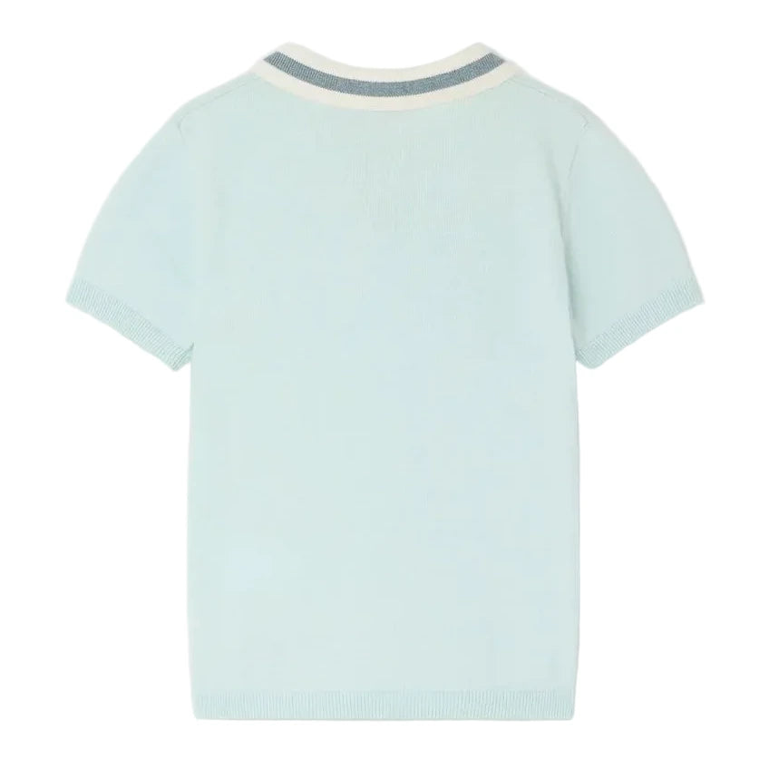 The Boys' Loyal Polo Inlaid Flag 75 by Bonpoint is shown from the back in light blue, featuring short sleeves and a round neckline with white and gray striped collar accents.