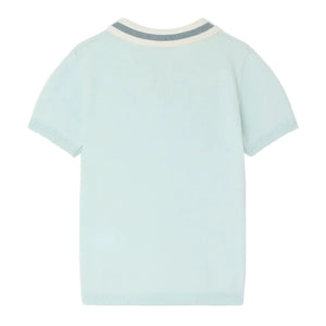 The Boys' Loyal Polo Inlaid Flag 75 by Bonpoint is shown from the back in light blue, featuring short sleeves and a round neckline with white and gray striped collar accents.