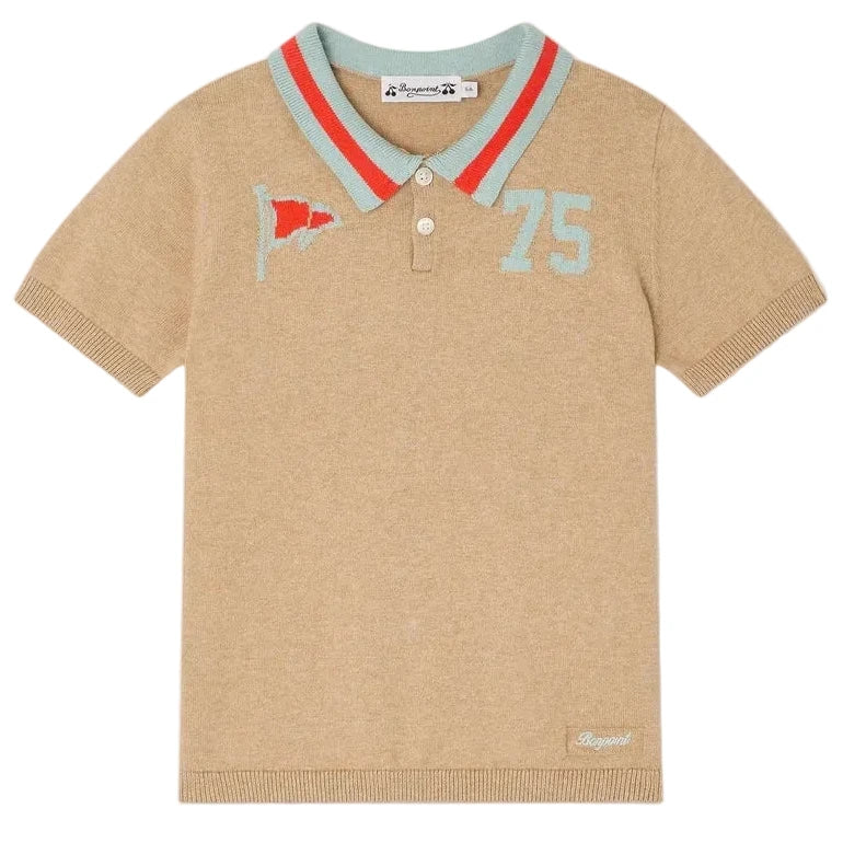 The Bonpoint Boys' Loyal Polo with Inlay 75 Flag features a retro beige design, a red and mint green striped collar, a flag patch, the number 75, and an embroidered logo near the hem.