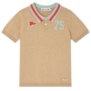 The Bonpoint Boys' Loyal Polo with Inlay 75 Flag features a retro beige design, a red and mint green striped collar, a flag patch, the number 75, and an embroidered logo near the hem.