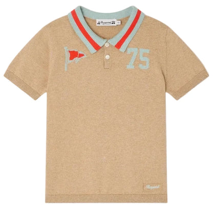 The Bonpoint Boys' Loyal Polo with Inlay 75 Flag features a retro beige design, a red and mint green striped collar, a flag patch, the number 75, and an embroidered logo near the hem.