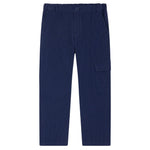 Bonpoint Boys' Francis Cargo Trousers in navy blue, made from soft organic cotton with an elastic waistband, side pockets, and a large flap pocket on the right leg. Pants are laid flat on a white background.