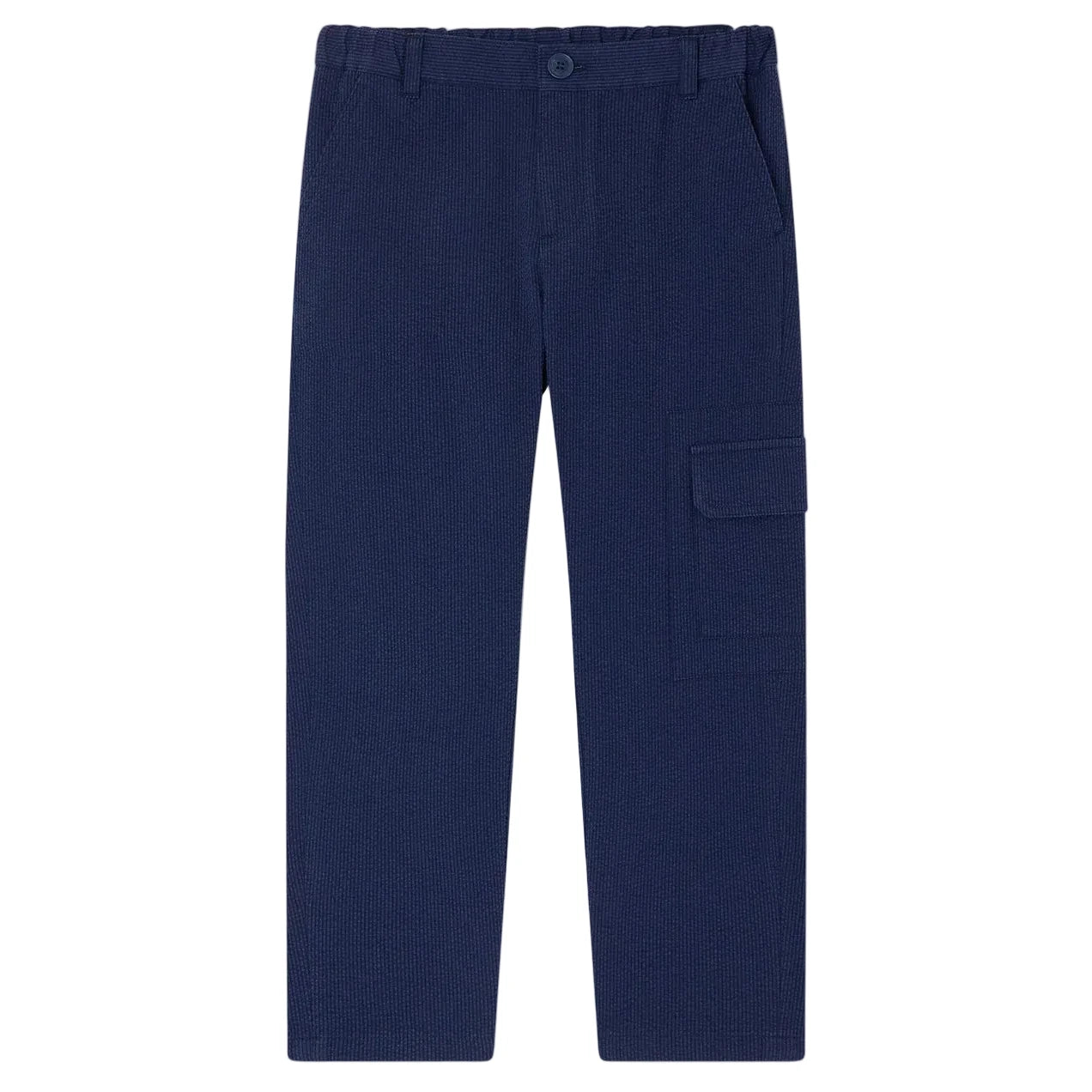 Bonpoint Boys' Francis Cargo Trousers in navy blue, made from soft organic cotton with an elastic waistband, side pockets, and a large flap pocket on the right leg. Pants are laid flat on a white background.