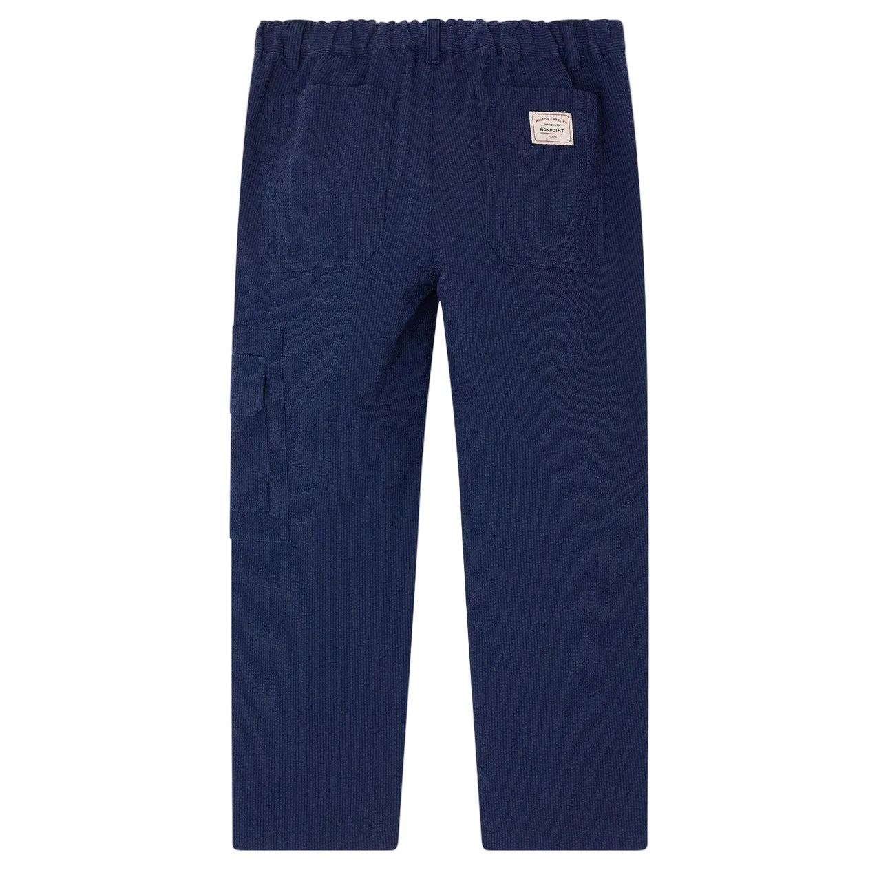 Bonpoint Boys' Francis Cargo Trousers: navy blue organic cotton with elastic adjustable waist, two back pockets (one with a white patch label), and one side pocket.
