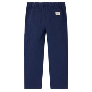 Bonpoint Boys' Francis Cargo Trousers: navy blue organic cotton with elastic adjustable waist, two back pockets (one with a white patch label), and one side pocket.
