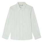 The Boys' Linton Striped Shirt by Bonpoint features light blue and white vertical stripes, a button-up front, long sleeves, a pointed collar, and cuffs—all made from soft organic cotton for lasting comfort.