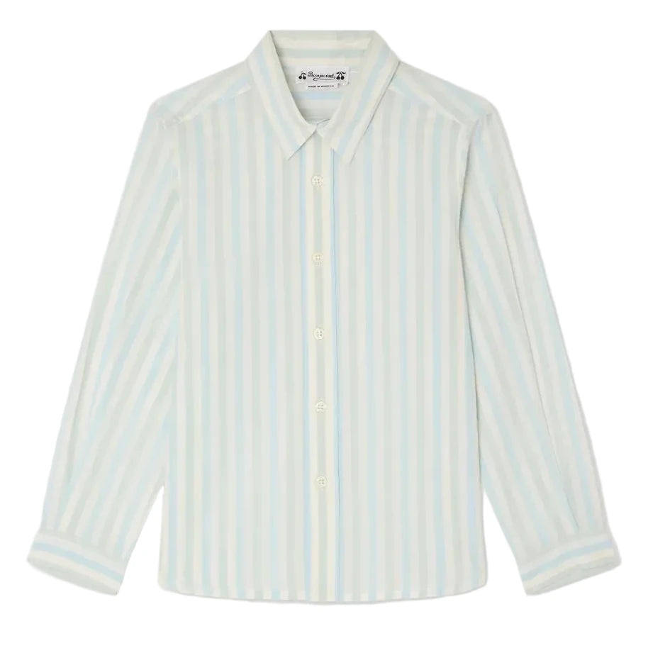 The Boys' Linton Striped Shirt by Bonpoint features light blue and white vertical stripes, a button-up front, long sleeves, a pointed collar, and cuffs—all made from soft organic cotton for lasting comfort.