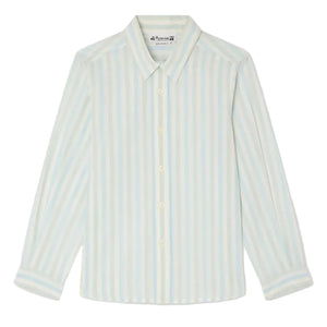 The Boys' Linton Striped Shirt by Bonpoint features light blue and white vertical stripes, a button-up front, long sleeves, a pointed collar, and cuffs—all made from soft organic cotton for lasting comfort.