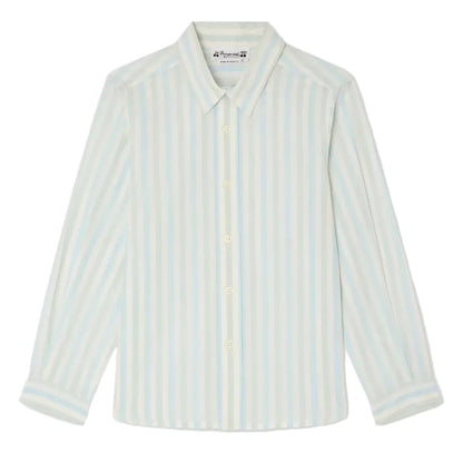 The Boys' Linton Striped Shirt by Bonpoint features light blue and white vertical stripes, a button-up front, long sleeves, a pointed collar, and cuffs—all made from soft organic cotton for lasting comfort.
